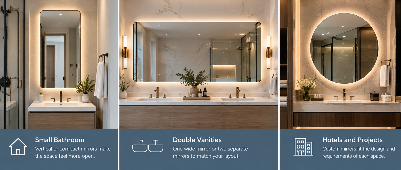 Bathroom mirror sizes for small bathrooms, double vanities, and hotel projects