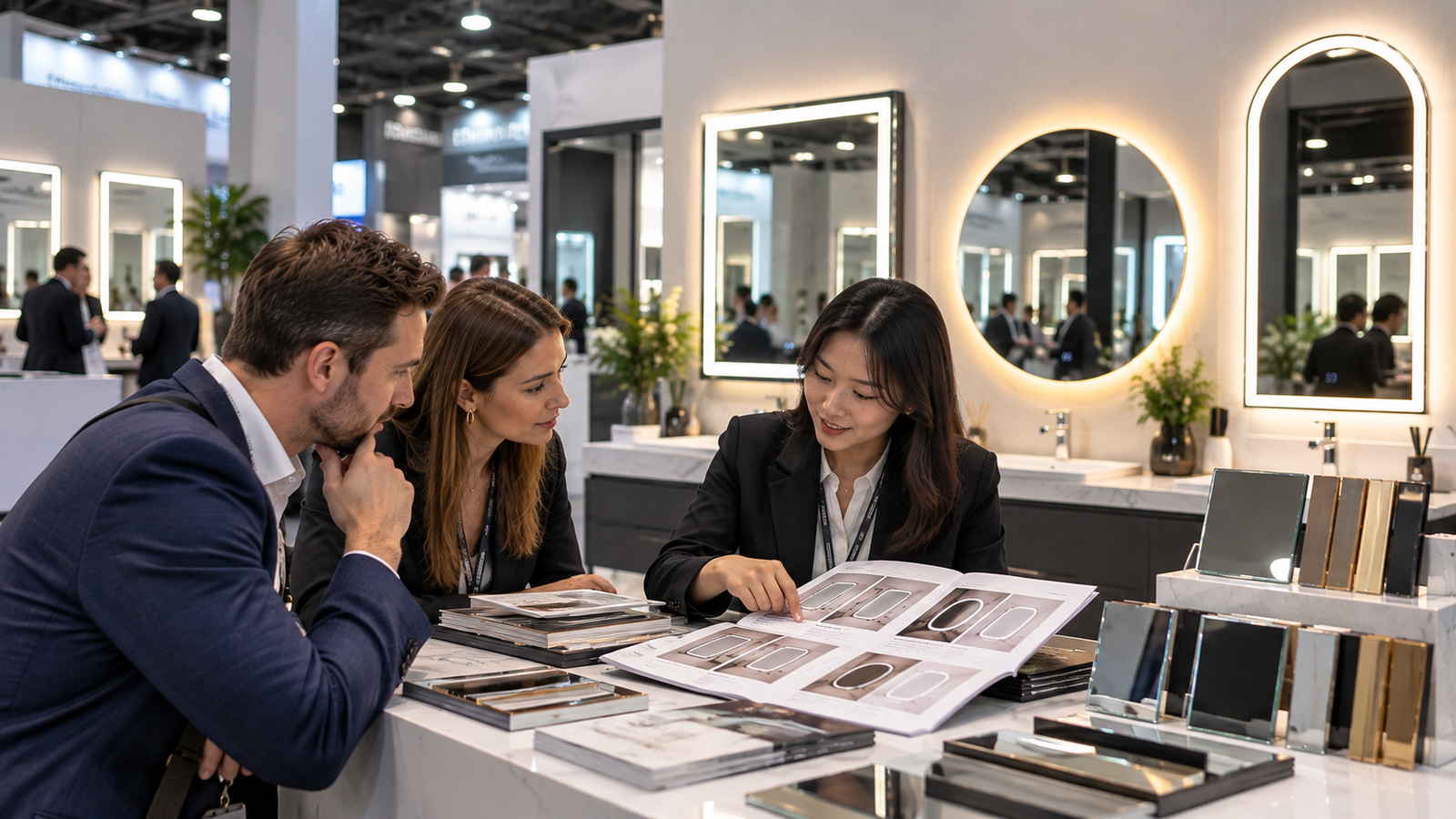 Bathroom mirror showroom meeting with business buyers reviewing product catalogs and mirror designs