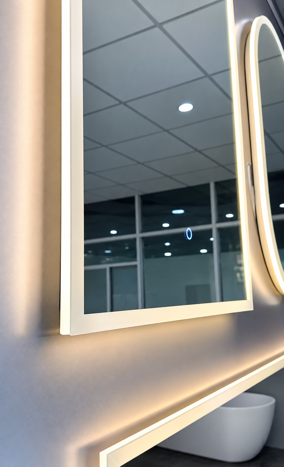 Close-up of LED bathroom mirror frame and edge finishing