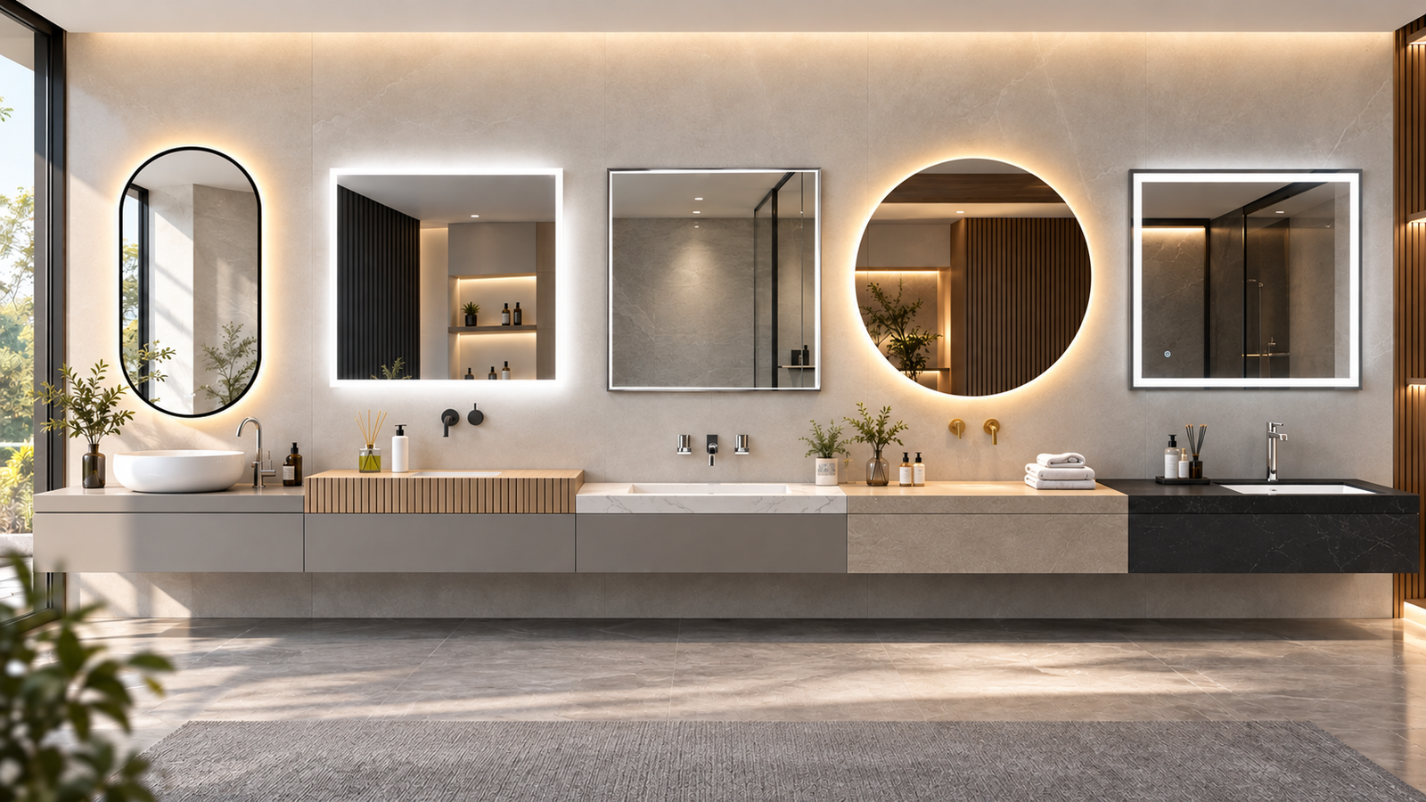 Bathroom mirror product selection featuring LED, framed, frameless, and different mirror shapes