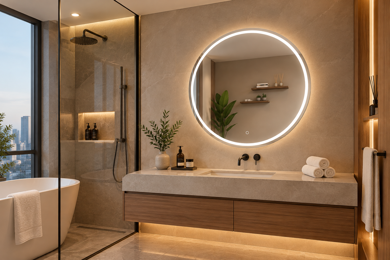 Round LED bathroom mirror in a modern hotel bathroom