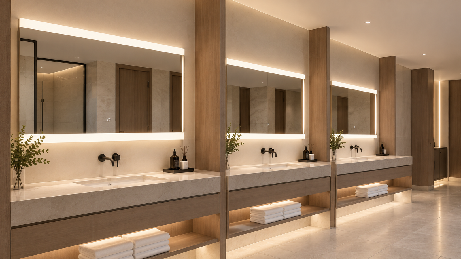 Custom bathroom mirrors in a modern hotel interior